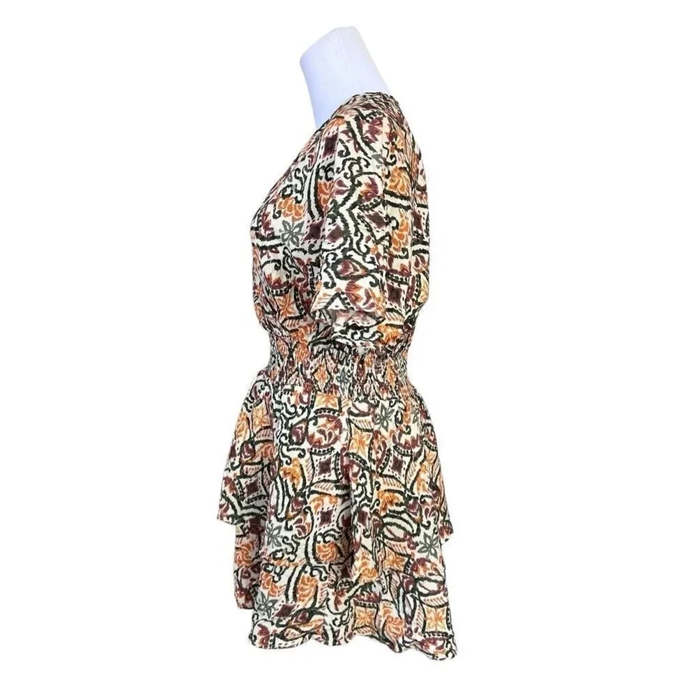 Zara AOP Ikat Print Tiered Elastic Waist Dress Tan Green Tribal MEDIUM Boho Chic - Picture 3 of 10